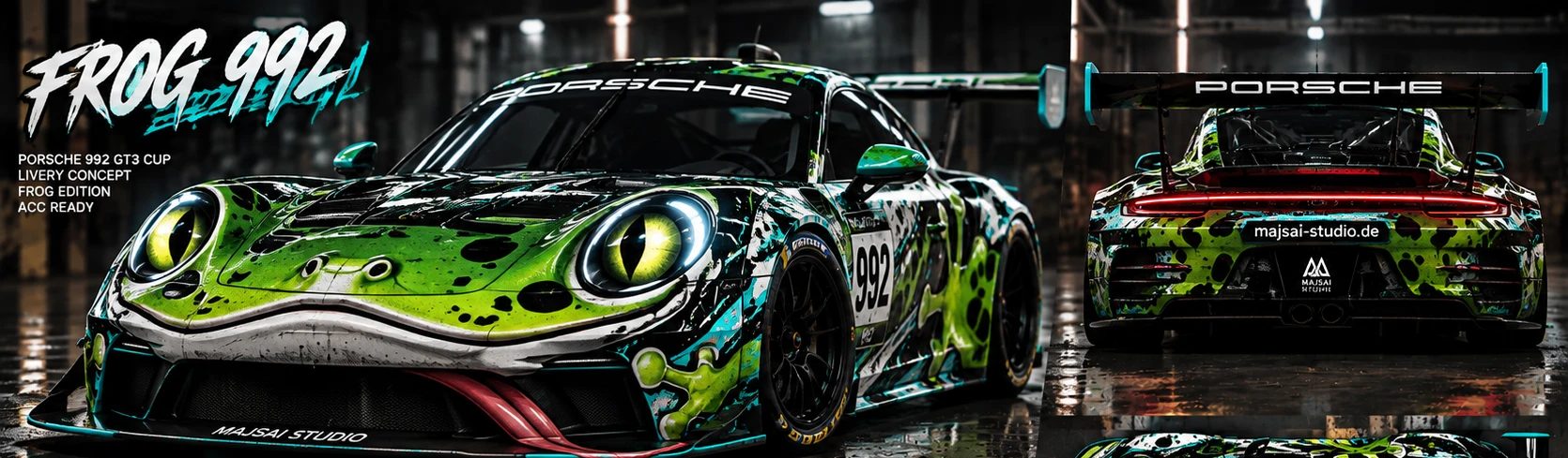 Conceito da livery FROG 992 para Porsche 992 GT3 Cup